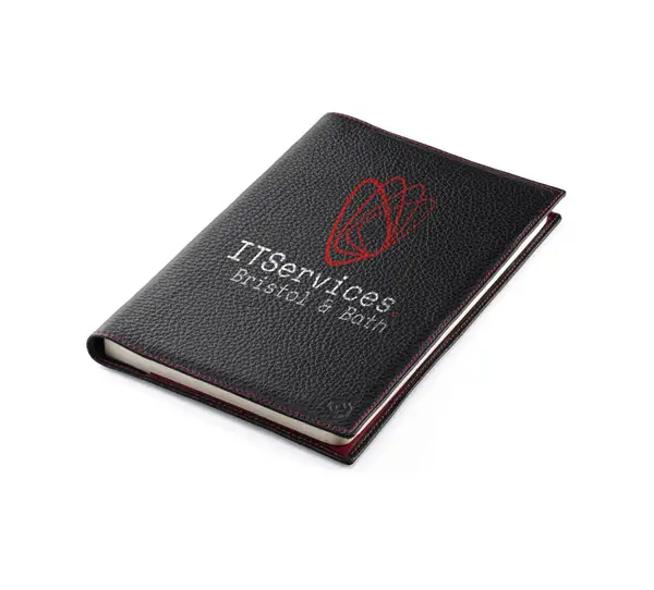 Leather notebook with the IT Services Bristol & Bath logo